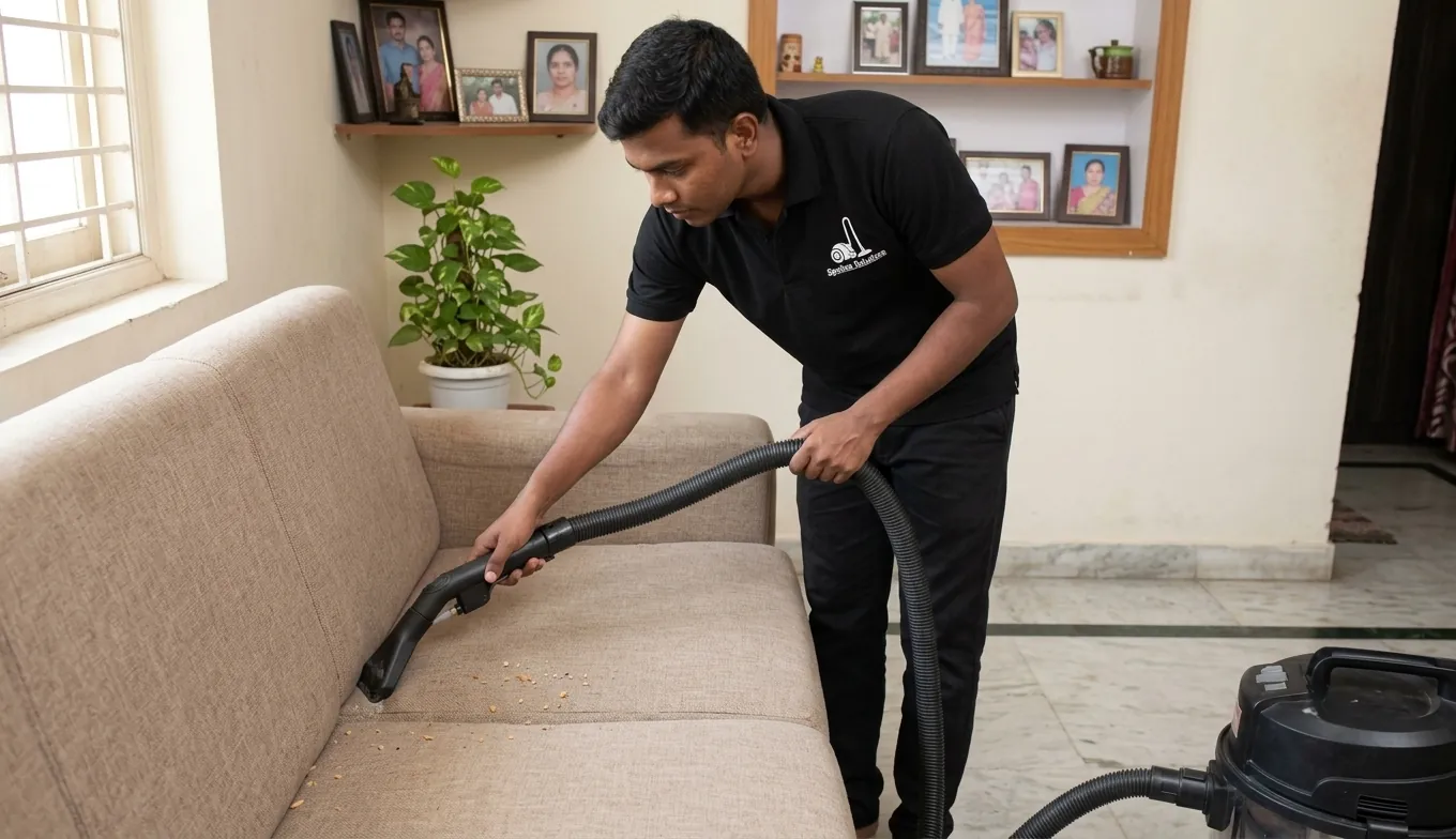 Sofa vacuum cleaning to remove hidden dust from upholstery in Hyderabad Sofa vacuum cleaning to remove hidden dust from upholstery in Hyderabad